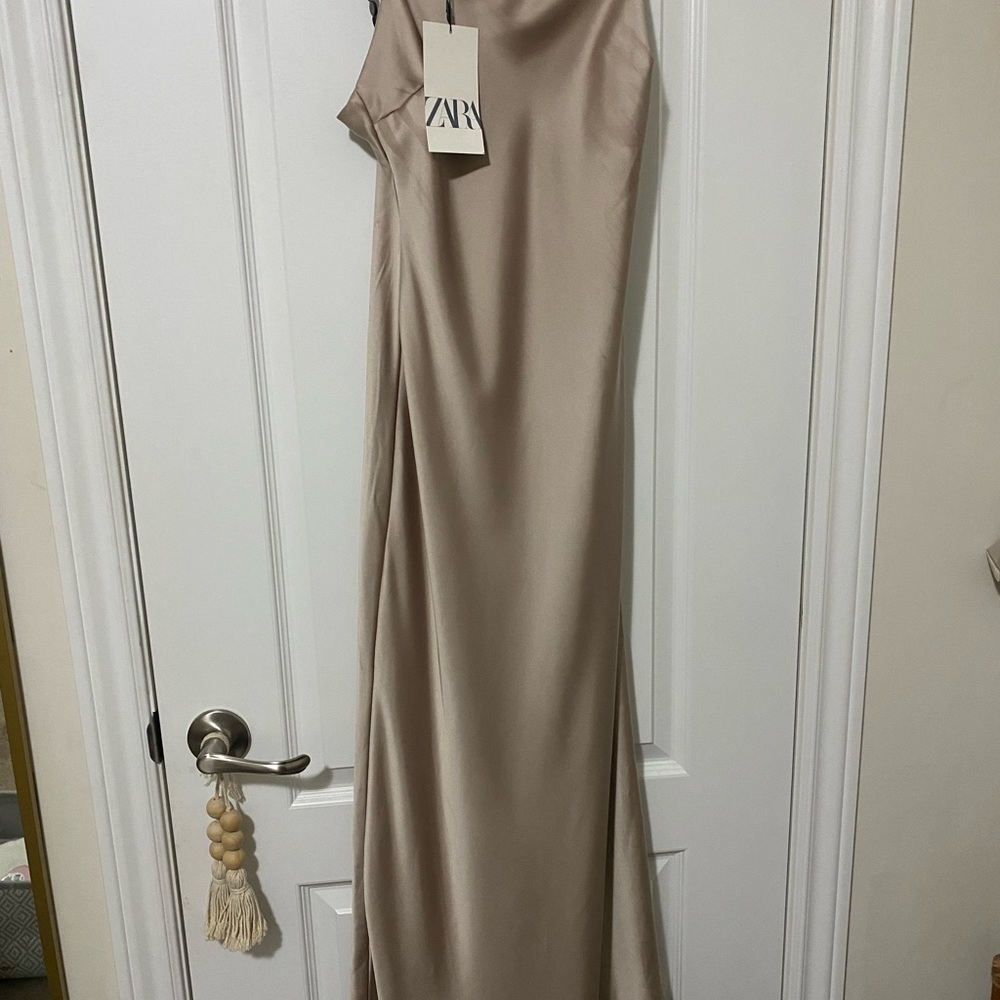 Zara Satin Maxi Dress in Beige